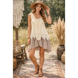 Origami by Vivien Boho Lace Cotton Tunic Dress Eyelet Crochet Hi-Low Size S